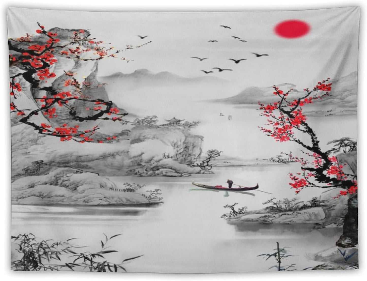 Cherry Blossoms Tapestry, Japanese Red Landscape Watercolor Abstract Art, Asian Japanese Wall Tapestry, Nature Landscape Tapestries for Bedroom Living Room Decor 60"x40"
