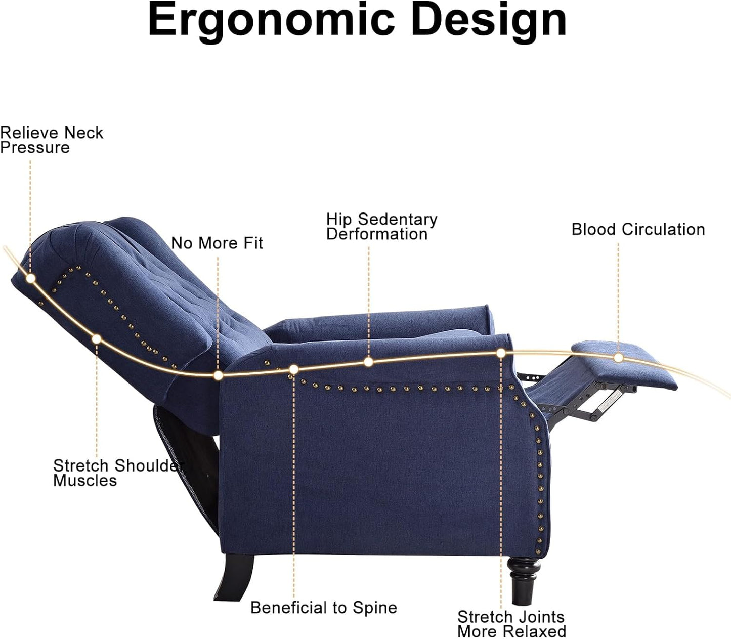 EBELLO Pushback Recliner Chair, Fabric Armchair Push Back Recliner with Rivet Decoration, Single Sofa Accent Chair for Living Room, Bedroom, Navy Blue