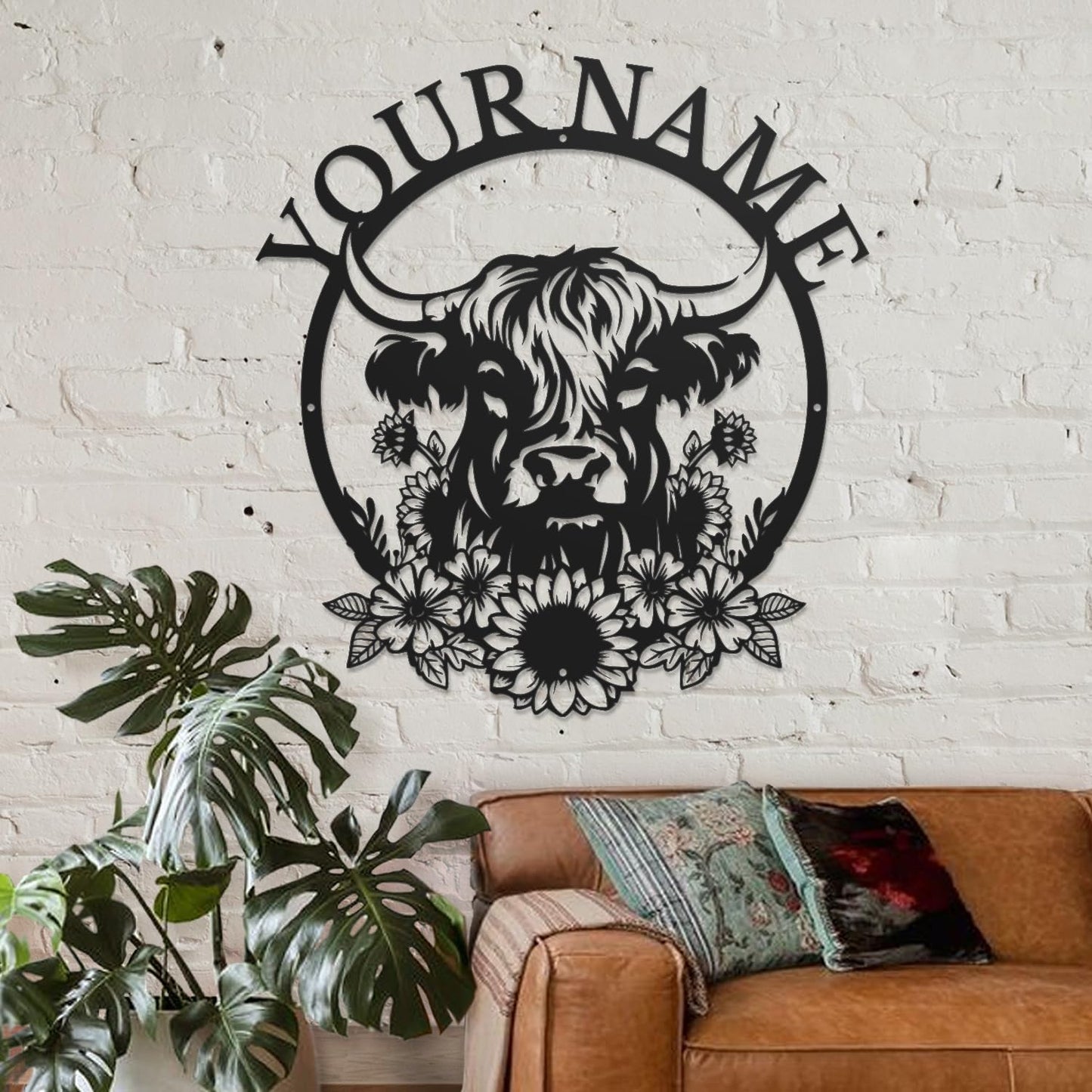 Personalized Highland Cow Name metal Signs,Custom Highland Cow Metal Shed Wall Decor,Black Metal Wall Art Plaques Outdoor wall Decorative Signage (Style H)