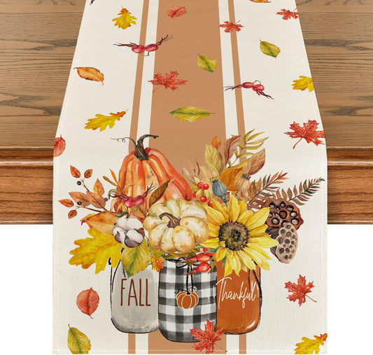 Artoid Mode Thankful Fall Pumpkin Leaves Floral Vases Table Runner, Autumn Thanksgiving Kitchen Dining Table Decoration for Home Party Decor 13x60 Inch