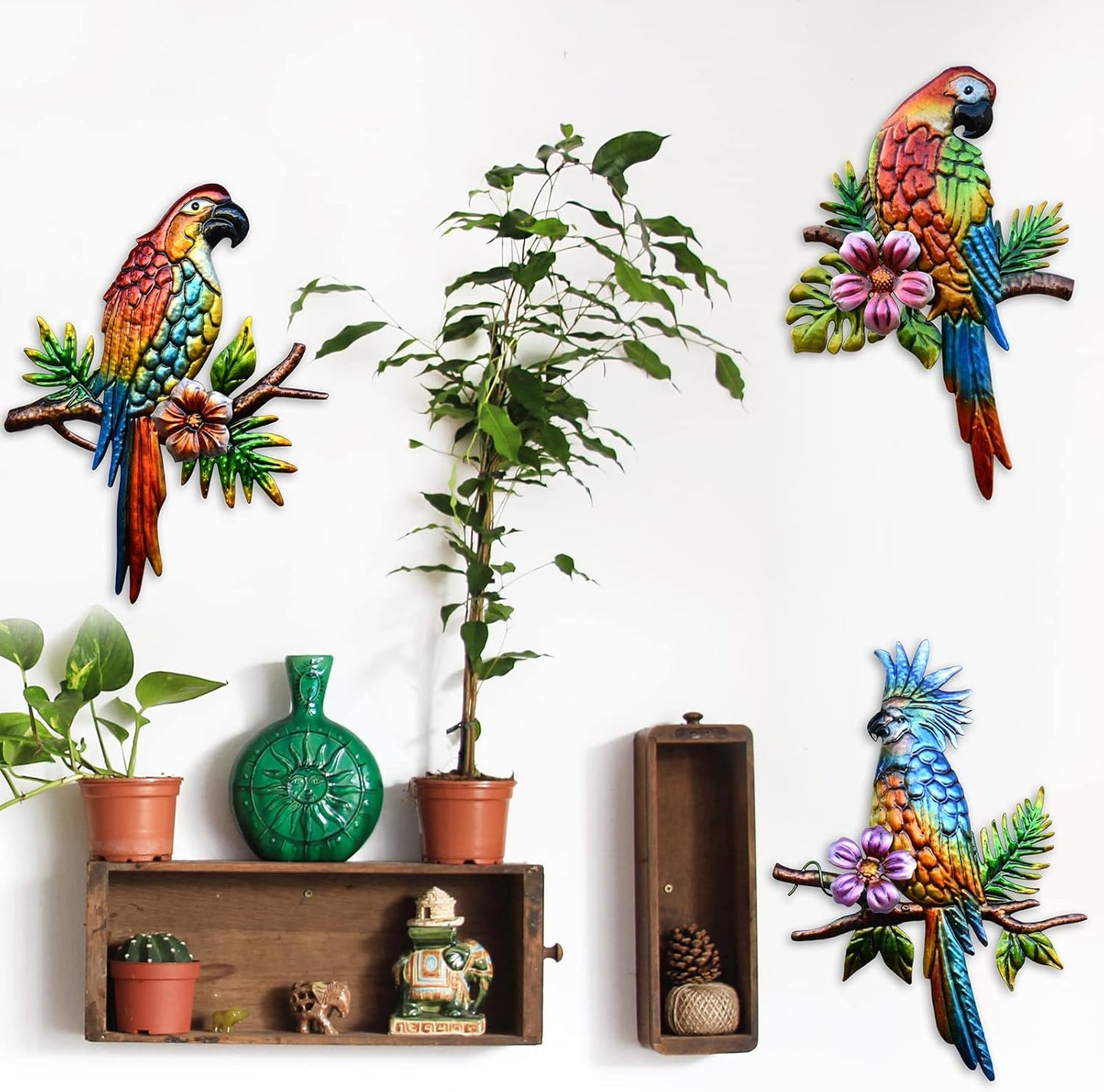 J-Fly Parrot Tropical Wall Art Decor - 3 Hanging Sculptures, Metal, 12" x 8.5", Indoor Kitchen Living Room Wall Mount, Unframed, Glossy, Tropical Style, 3.0 Count