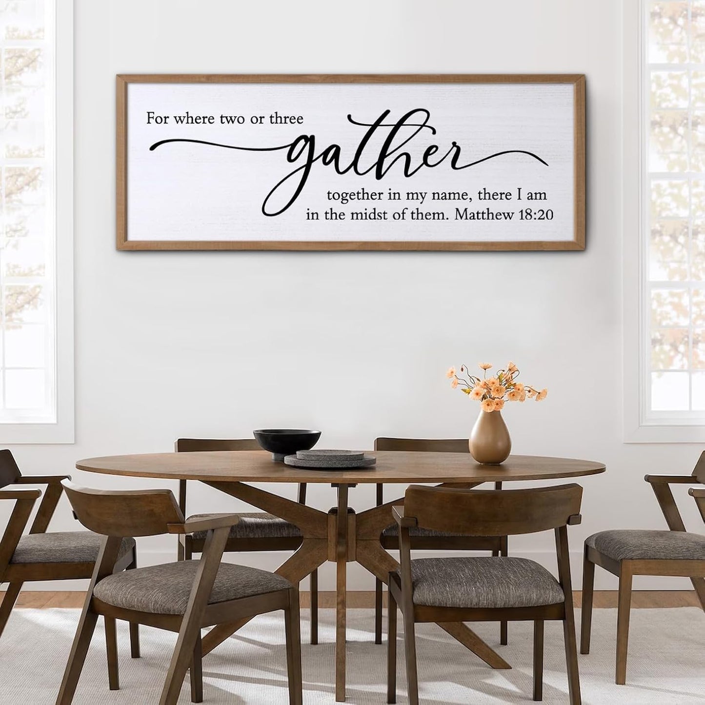 For Where Two Or Three Gather Sign Dining Room kitchen Wall Decor Bible Verse Scripture Matthew 18:20 Wooden Frame 32X12 Inch for Christian Family Hanging Art (Wood)
