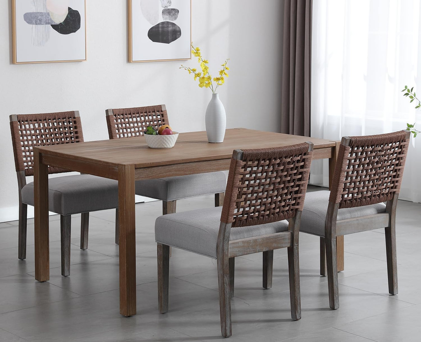 Kmax Farmhouse Dining Chairs Set of 2, Rustic Kitchen Chairs with Linen Fabric Seat and Woven Back, Vintage Accent Chairs for Dining Room, Living Room, Grey