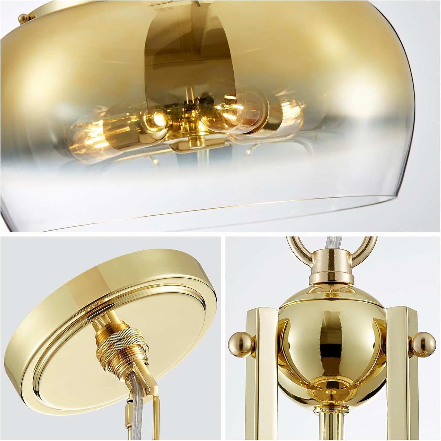 WUZUPS Gold Chandelier Rustic Farmhouse Industrial Round Ceiling Pendant LED Light Fixture with Gradient Glass Shade for Dining Room Kitchen Island Foyer Entryway, H 20.9" W 15.9", E26 Base