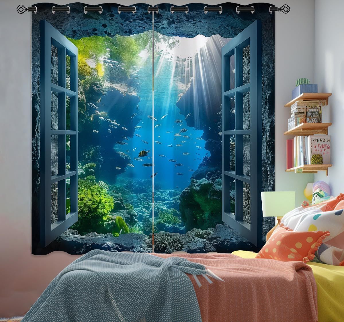 Ocean Fishs Blackout Curtains for Girls Boys Home Decor, Underwater Tropical Fish Undersea Coral Grommet Thermal Insulated Drapes Darkening Window Curtain for Bedroom Living Room, 42 x 45 Inch