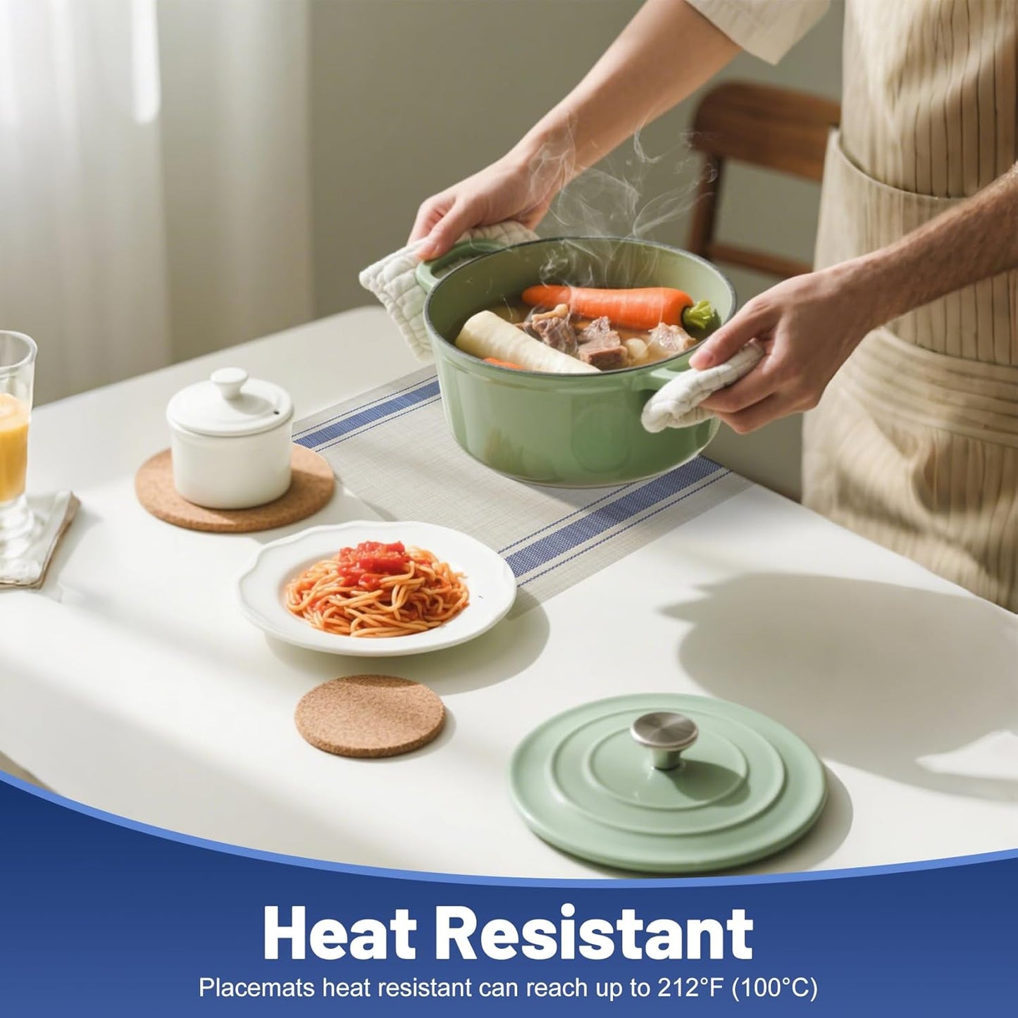 Placemats Set of 6，Non-Slip PVC Weave Table Mats Easy to Clean，Heat Resistant Place Mats for Kitchen Dining Table Decoration Indoor Outdoor，Khaki Blue