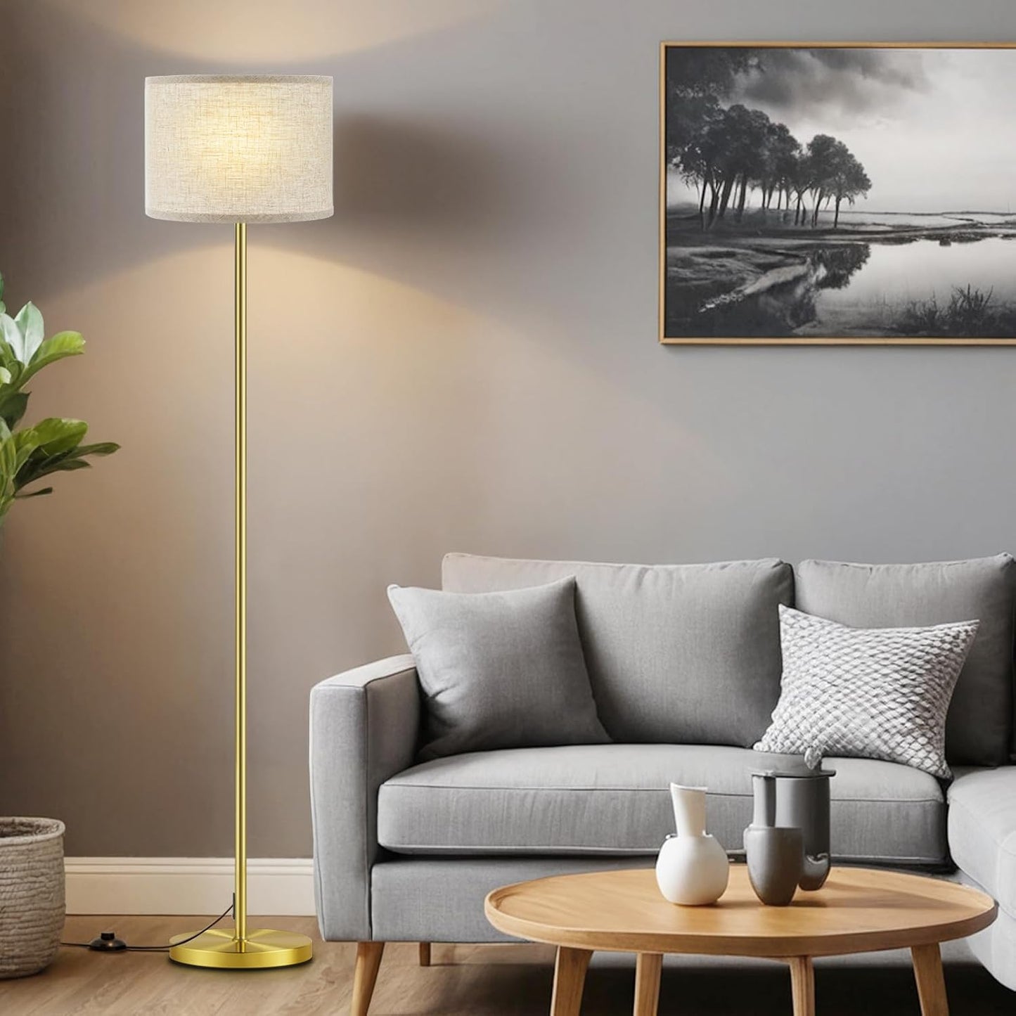 Ambimall 60'' Modern Floor Lamp with Shade, Tall Lamps for Living Room, Bedroom, Office, Dining Room, Beige Shade with Brushed Gold Pole(Without Bulb)