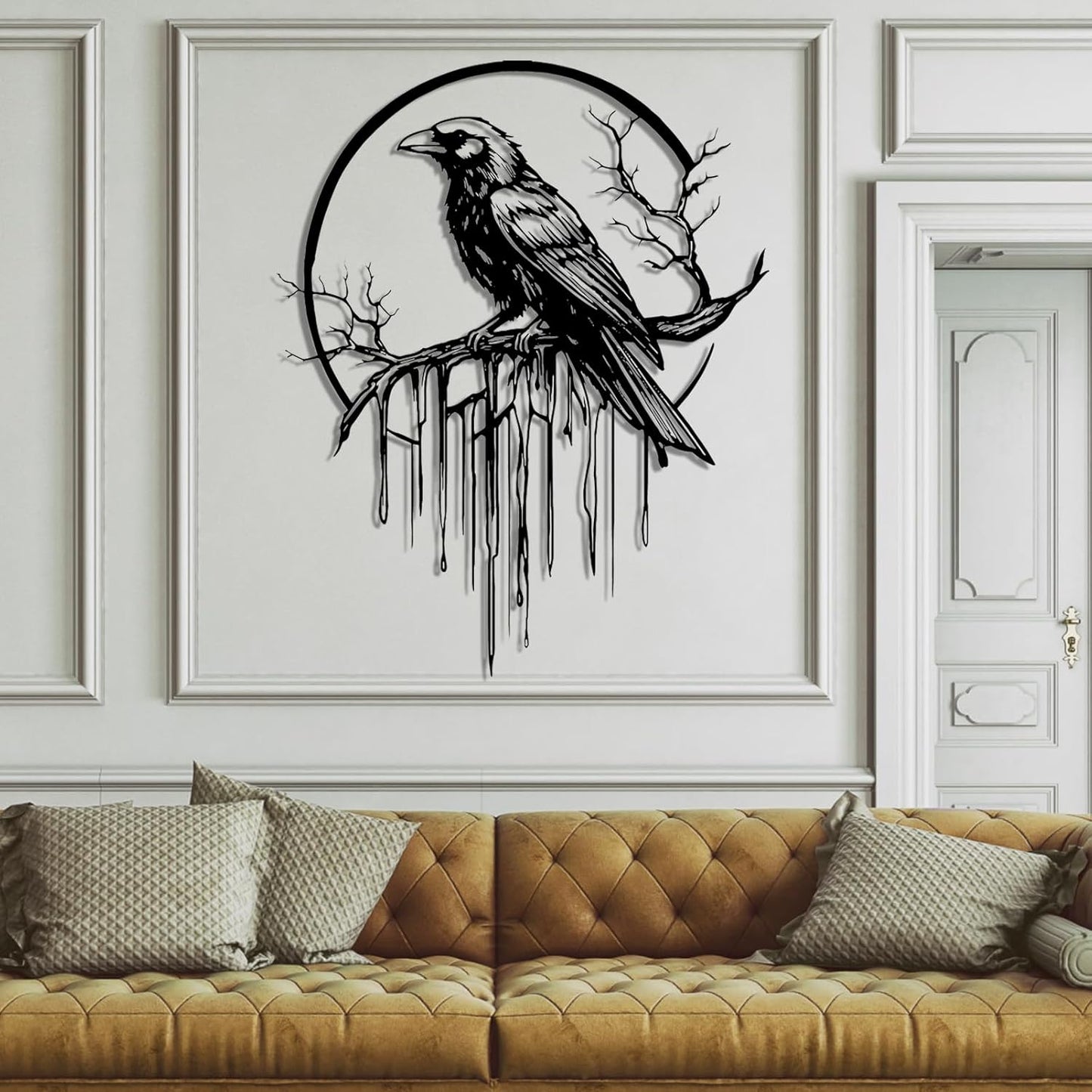 Crow Metal Wall Decor, Raven Wall Art, Large Gothic Raven Decor Hangings, Bird Wall Decor, Metal Tree Branch Decor, Ravens Sign, Raven Art for Living Room (Gold, 24"x19" | 60x48cm, metal wall art)