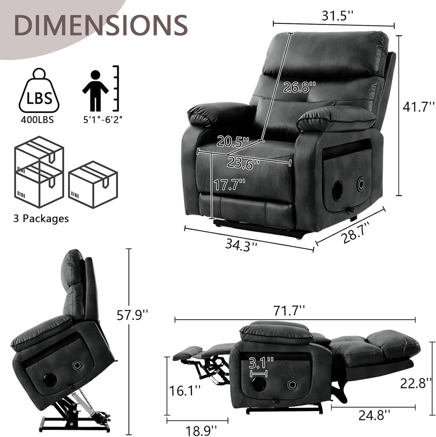 Dual Motor Power Lift Recliner Chair for Adult & Elderly, Infinite Position Lay Flat Lift Chair with Heat & Massage, Cup Holder, Lumbar Pillow, Wireless Charger, USB Ports, Leather (Silver Grey)