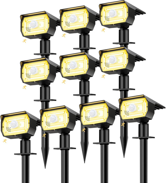 nipify 10 Pack Solar Spot Lights Outdoor Motion Sensor with 3 Modes,Solar Spotlights Outdoor Waterproof 2-in-1 Auto On/Off Landscape Lighting for Outside Yard Wall Garden Pathway, Warm White