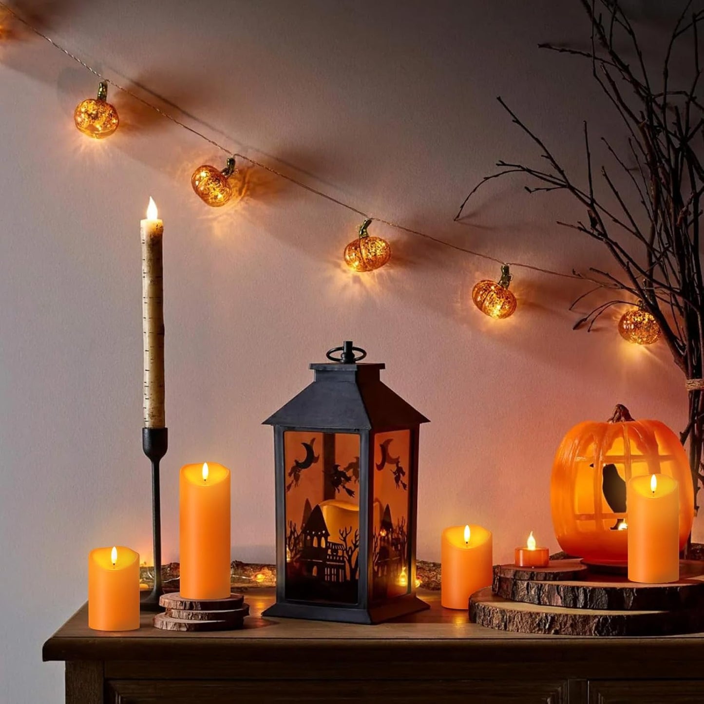 NURADA Outdoor Flameless Candles with Remote Timer - Waterproof Realistic Flickering LED Pillar Electric Battery Operated Fake Candle for Halloween Home Fireplace Decor - 3 Pack Orange (D3”H4”6”8”)