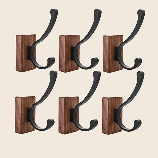 6 Pack Wooden Wall Hooks for Hanging, Adhesive Mounted & Wall Mount Nature Wood Coat Hooks for Towel Clothes Blanket Hat Backpack Robe Nursery Door Board Entryway Key Holder