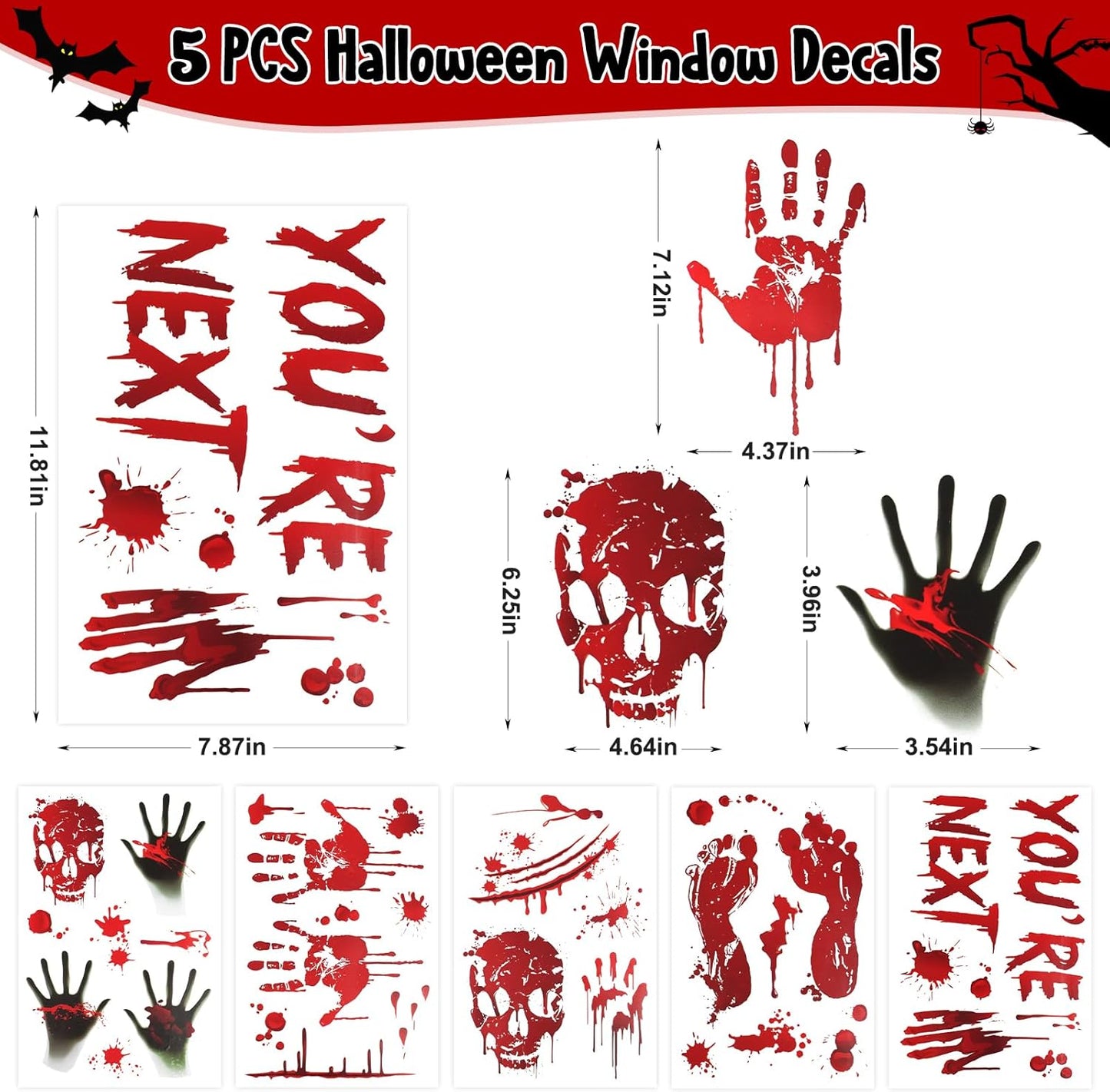 Halloween Decorations, 5 Sheets Wall Decals-Bloody Handprint Stickers, 2 Pack Halloween Banners and 2 PCS Caution Tape Rolls 3inx30ft for Haunted Mansion, Outdoor, Indoor, Party Decor
