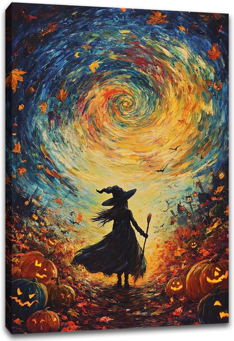 Halloween Autumn Witchy Decor Wall Art Prints,Gothic Witch in Whirlwind Autumn with Pumpkins Scene Pictures Poster,Fall Festival Home Decor Painting Canvas Poster for Bedroom Bathroom,24"x36" Framed