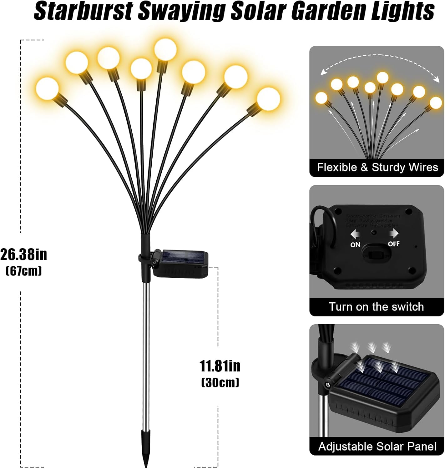 Solar Firefly Lights 16 LED Swaying Outdoor Waterproof Decorative Lights for Yard Patio Pathway Lawn Decorations (2 Pack, 8 Heads)