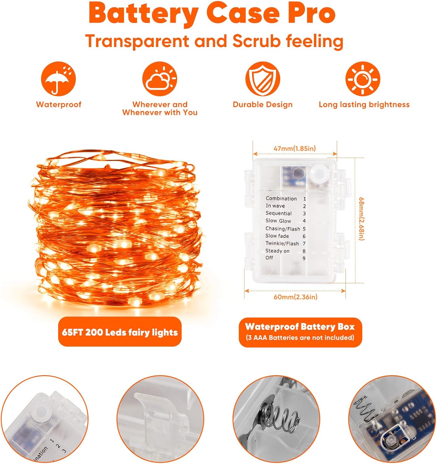 4 Pack 65.6 Ft. Battery Operated Outdoor String Lights with Remote & Timer, LED Orange Fairy Lights, Waterproof Twinkle Lights for Bedroom, Dorm, Mason Jar, Wedding, Party, Christmas