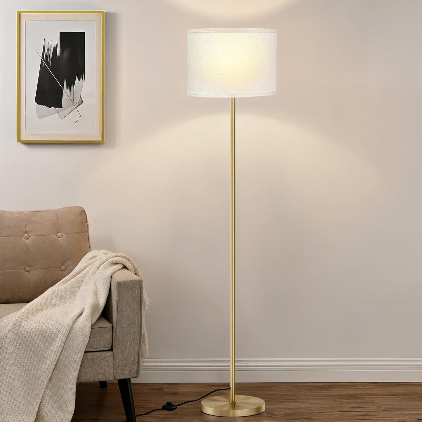 Ambimall 60'' Modern Floor Lamp with Shade, Tall Lamps for Living Room, Bedroom, Office, Dining Room, Beige Shade with Gold Pole(Without Bulb)