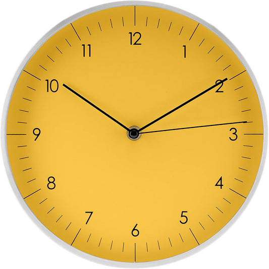 LUUK LIFESTYLE 10” Quartz Wall Clock with Silent Movement, Timeless Scandinavian Design, Kitchen Wall Clock, Decoration for Children's Room, Yellow and Silver