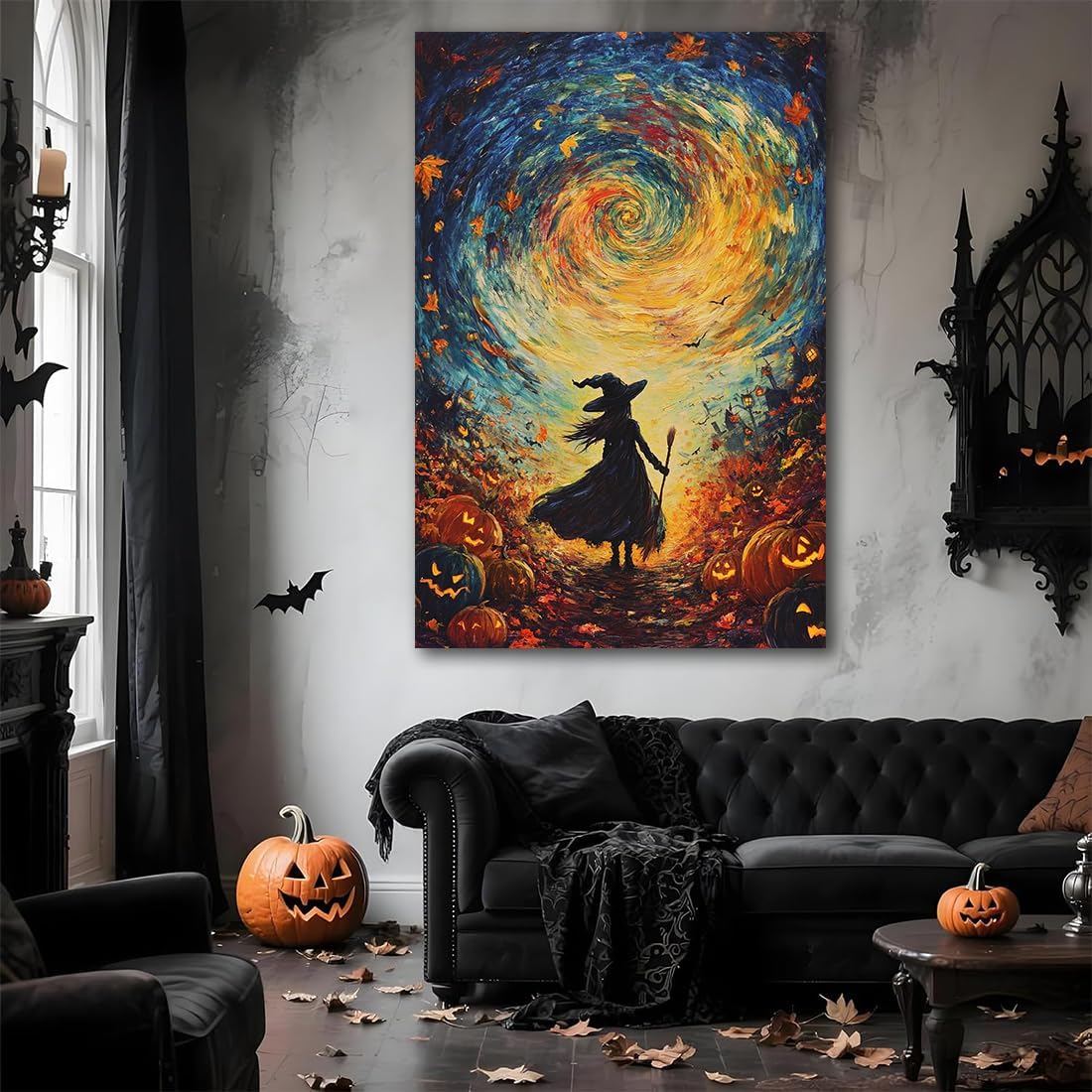 Halloween Autumn Witchy Decor Wall Art Prints,Gothic Witch in Whirlwind Autumn with Pumpkins Scene Pictures Poster,Fall Festival Home Decor Painting Canvas Poster for Bedroom Bathroom,12"x18" Framed