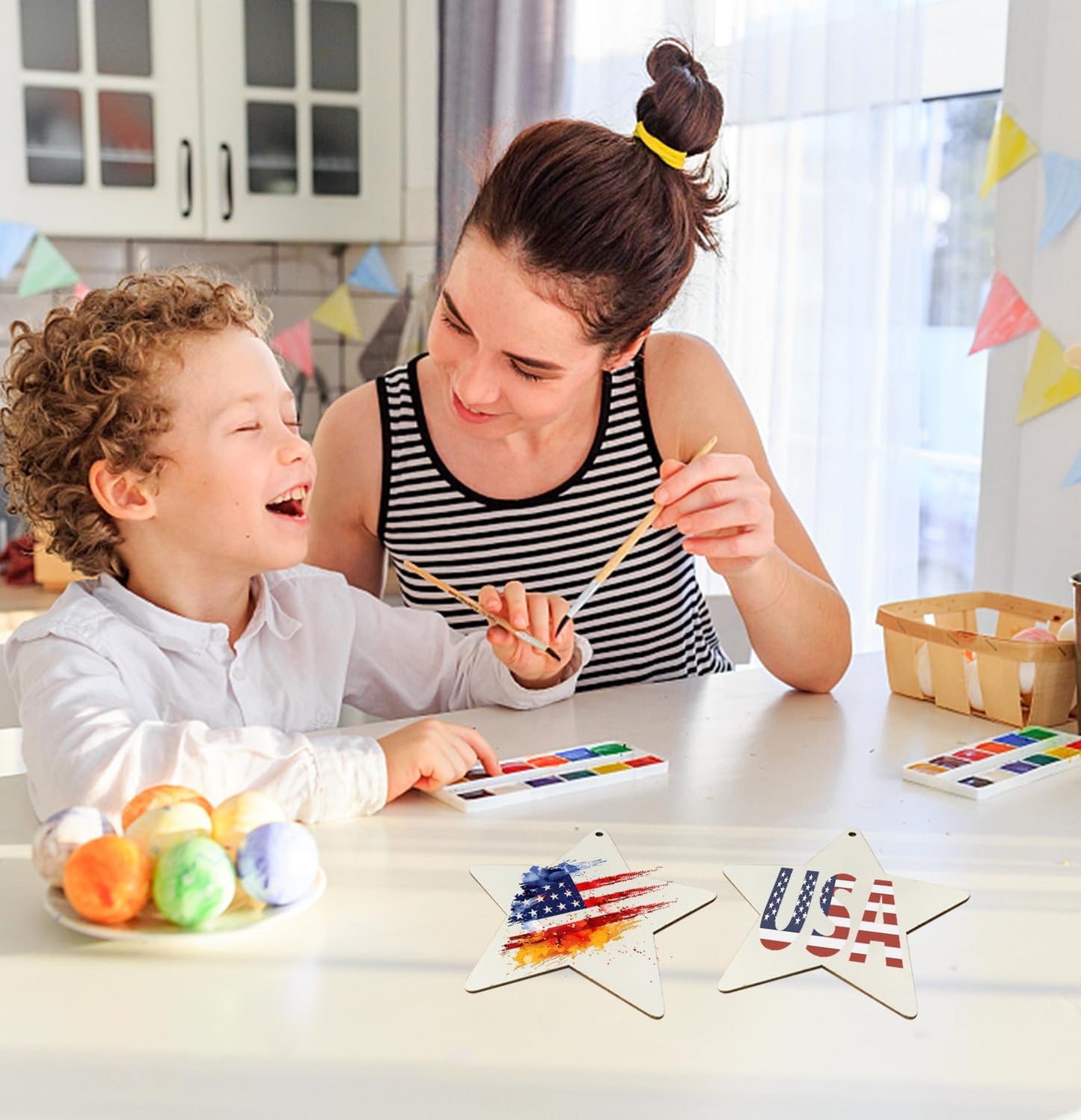 FCECOR 4" 100PCS Wooden Stars for Crafts, Wood Stars for 4th of July Kids Crafts Wood Slices DIY Crafts Supplies, Unfinished Wooden Ornaments for DIY Christmas Crafts Projects