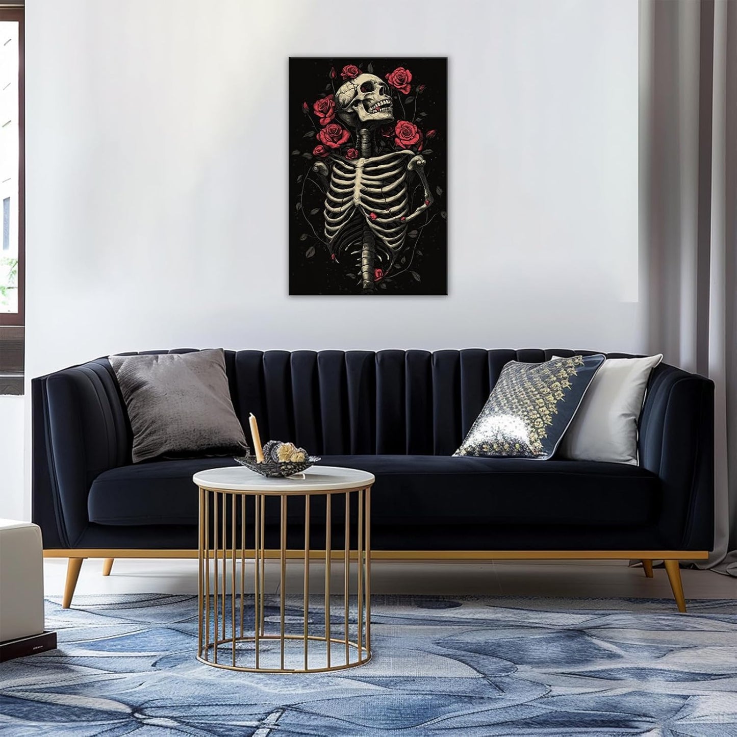 OAAPITI Gothic Skull Wall Art Skeleton and Roses Canvas Pictures Print Vibrant Dark Art Decor for Bedroom Living Room Bathroom(Artwork-6,20"x30")