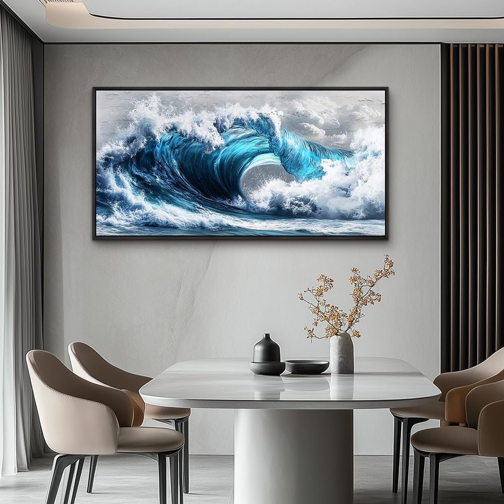 PHAOHUAXM Large Canvas Wall Art For Living Room Wall Decor For Bedroom Ocean Inspiration Wall Pictures Office Mural Decorations Posters Blue Wave Paintings Modern Home Decor Black Framed 24x48 In