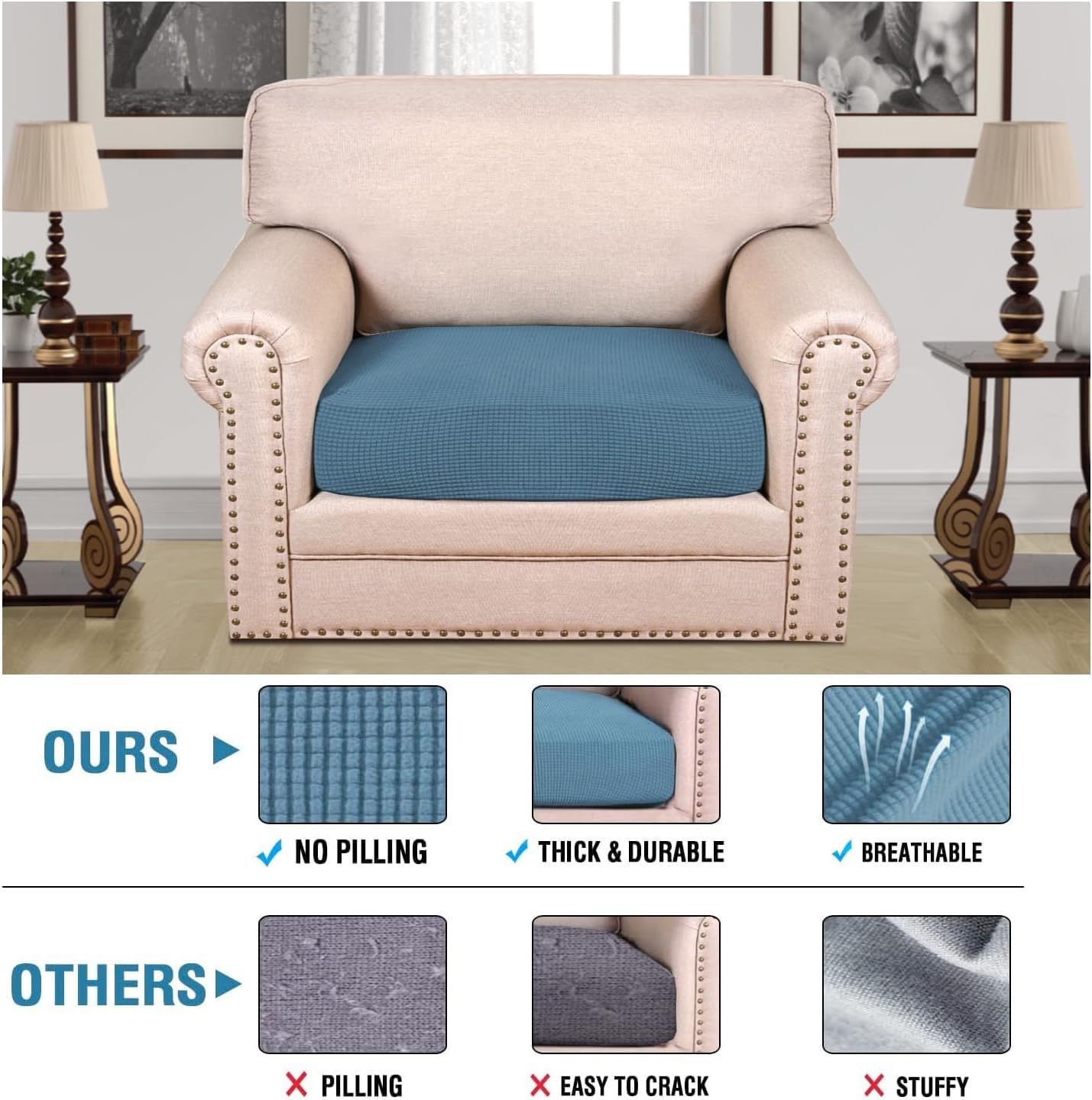 H.VERSAILTEX Super Stretch Individual Seat Cushion Covers Sofa Covers Couch Cushion Covers Slipcover Sets Thick Jacquard Textured Twill Fabric (1 Piece Chair Cushion Cover, Dusty Blue)