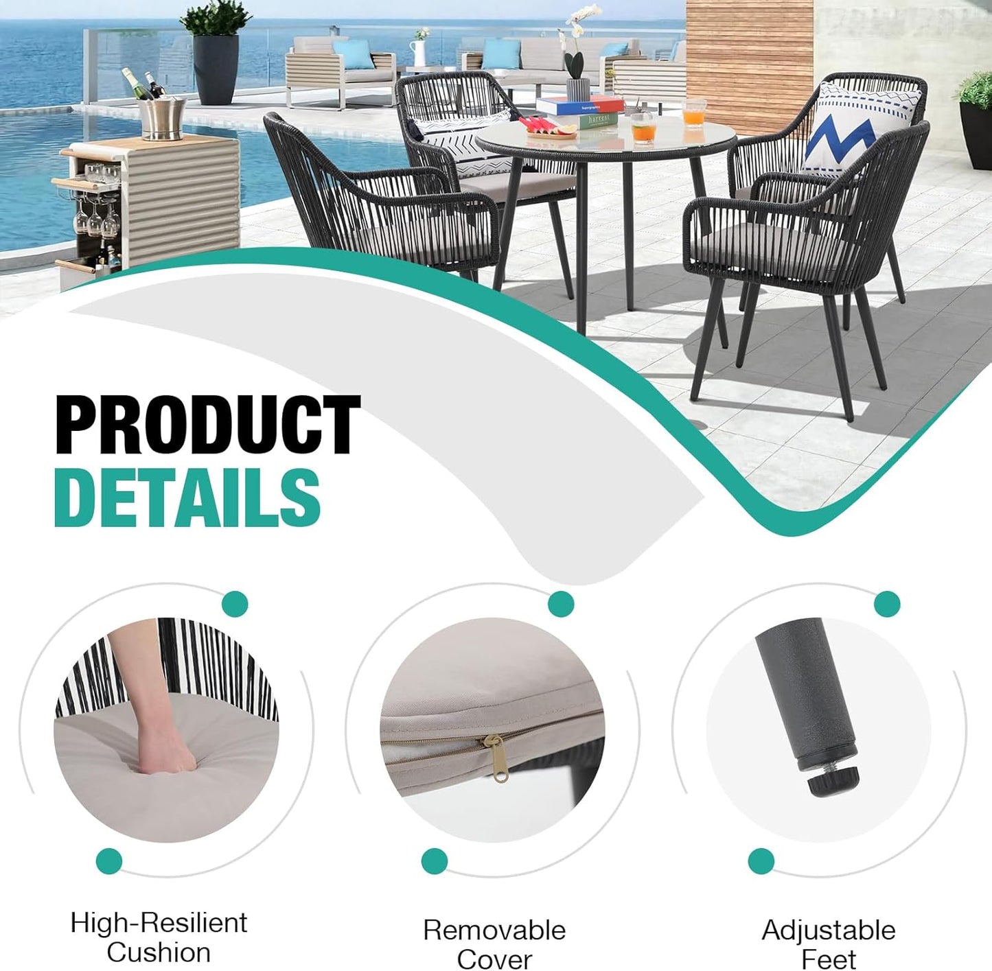 Patiorama Outdoor Dining Chairs, Patio Dining Chair Set of 4, All-Weather Woven Rope Rattan Chairs, Outdoor Dining Wicker Chairs with Armrests for Indoor Balcony Pool Backyard(Black)