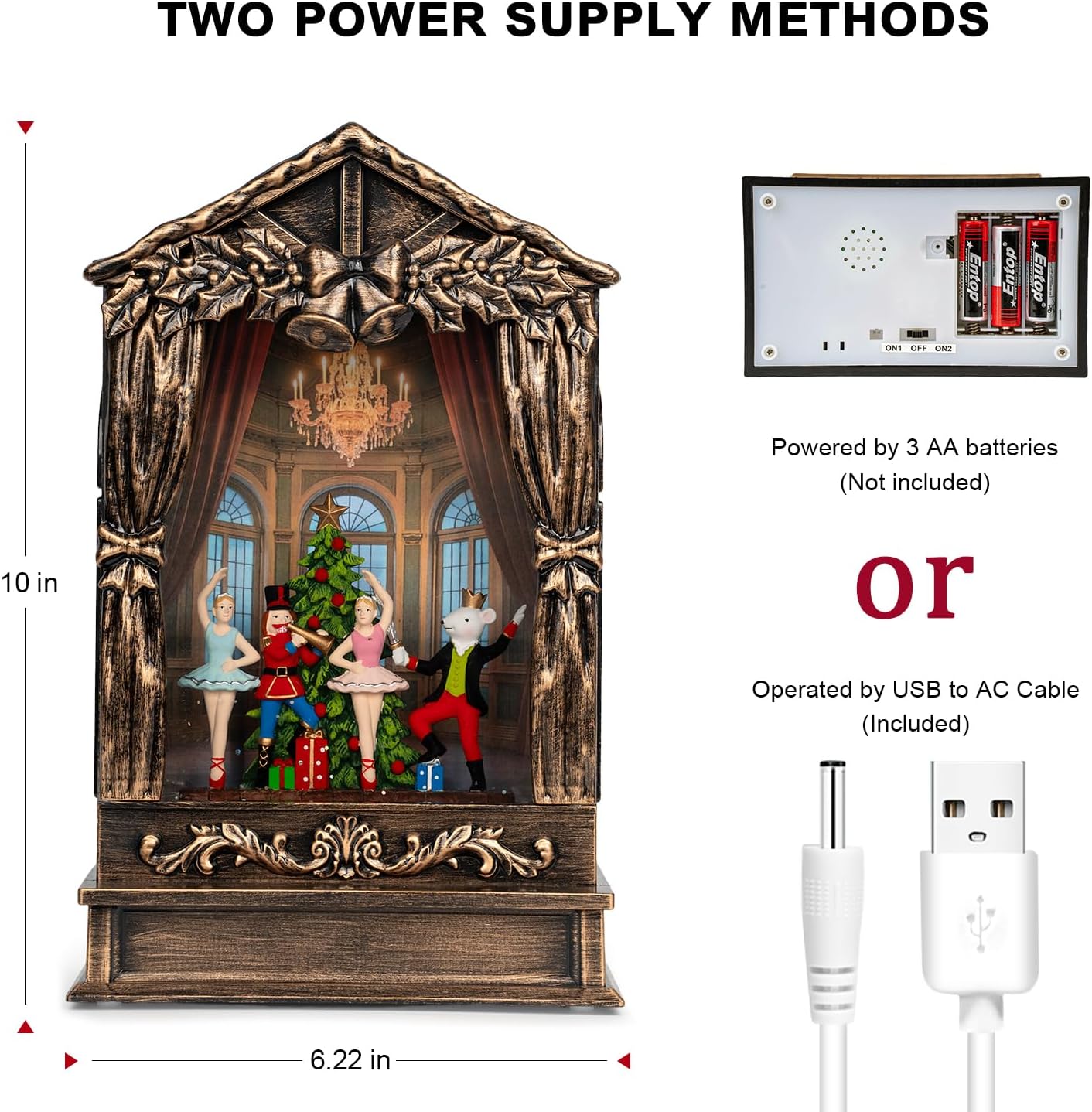 Christmas Snow Globe Lantern Water Glittering Nutcracker Ballet Theatre with Music & Timer, USB Lined/Battery Operated Lighted Lantern for Christmas Festival Decoration Gifts