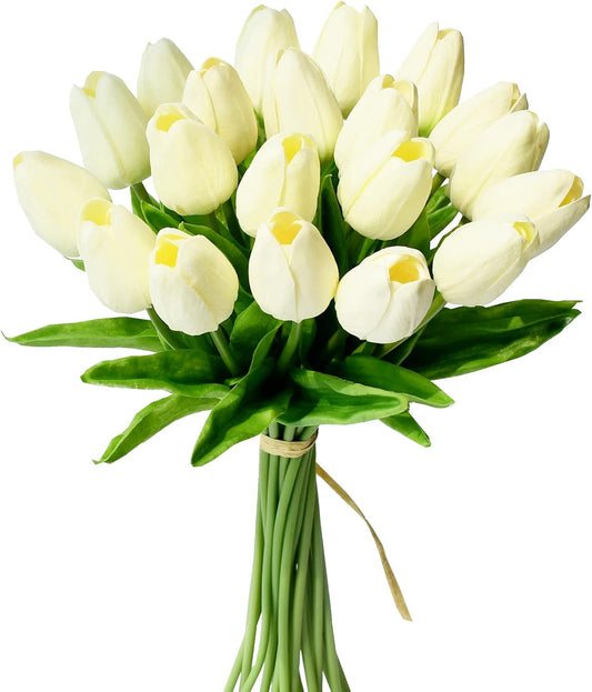 Mandy's Artificial Tulips 20 Stems Cream PU Faux Flowers for Wedding Home Decor 13.5 Inch