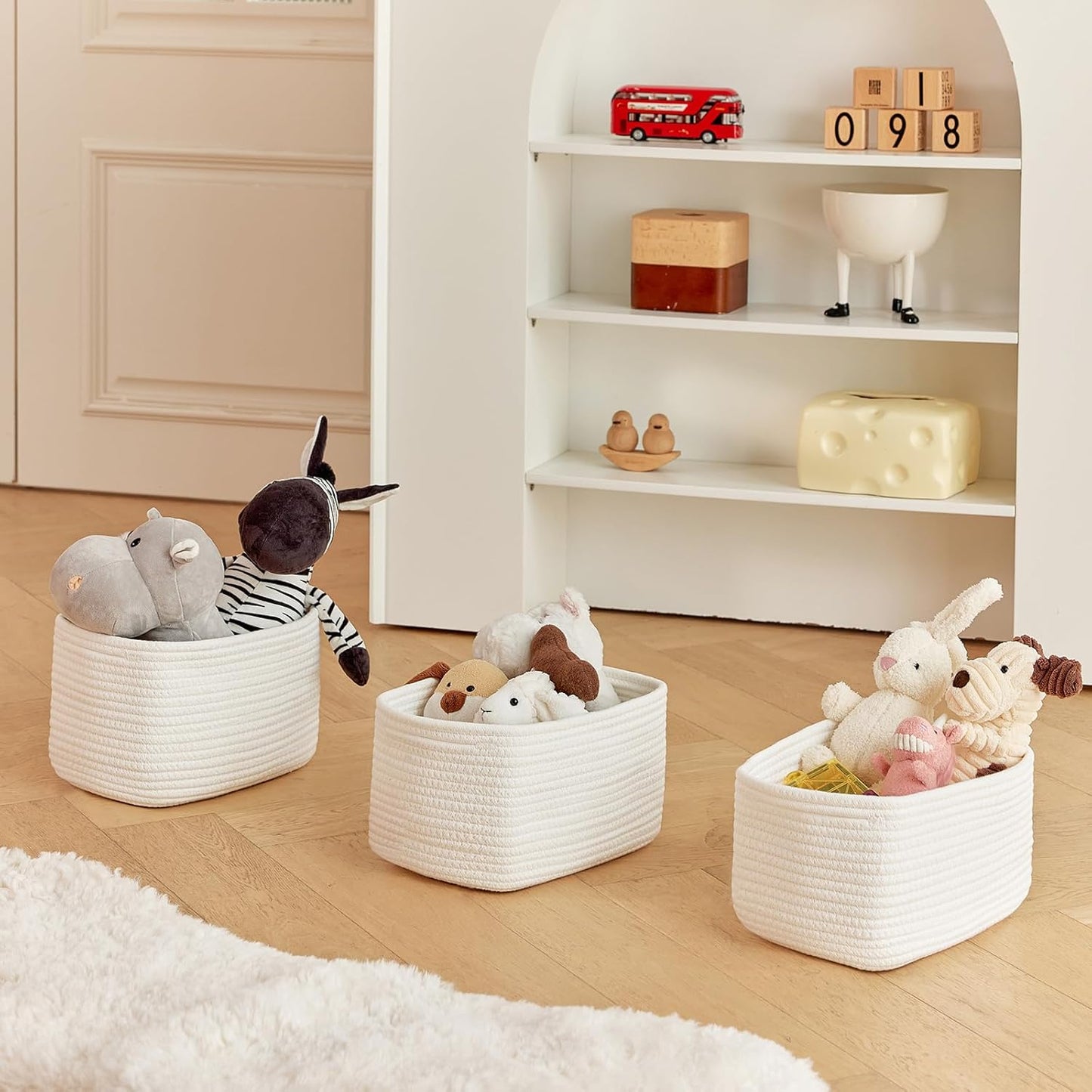 Small Cotton Rope Storage Basket Set of 3-11"x7"x7" Perfect Woven Baskets for Storage, Ideal Storage Baskets for Organizing Toys, Towels, and More - Baskets for Shelves and Home Decor（White）