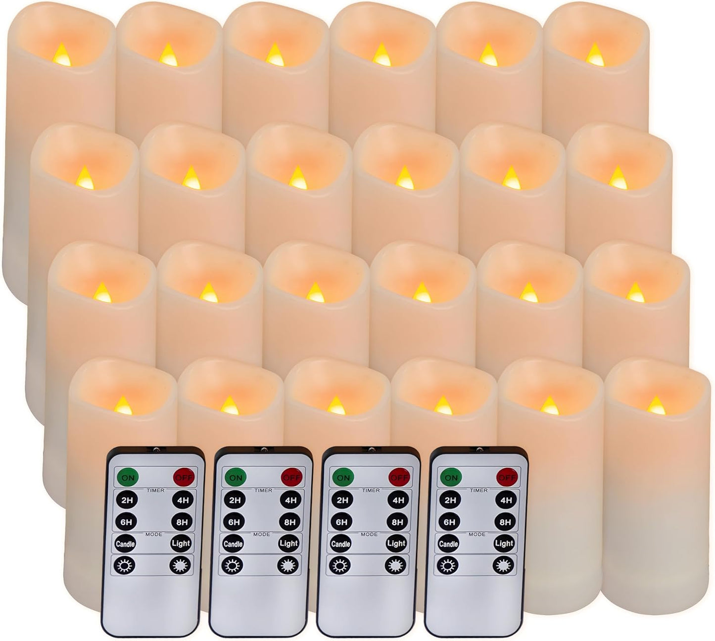 Aignis 24pcs Flameless LED Candles Battery Operated with 10-Key Remote Timer, Outdoor Waterproof Electric Lights, Warm Flickering Glow for Cozy Home/Wedding/Holiday Décor (D2.2'' x H4''/5''/6''/7'')