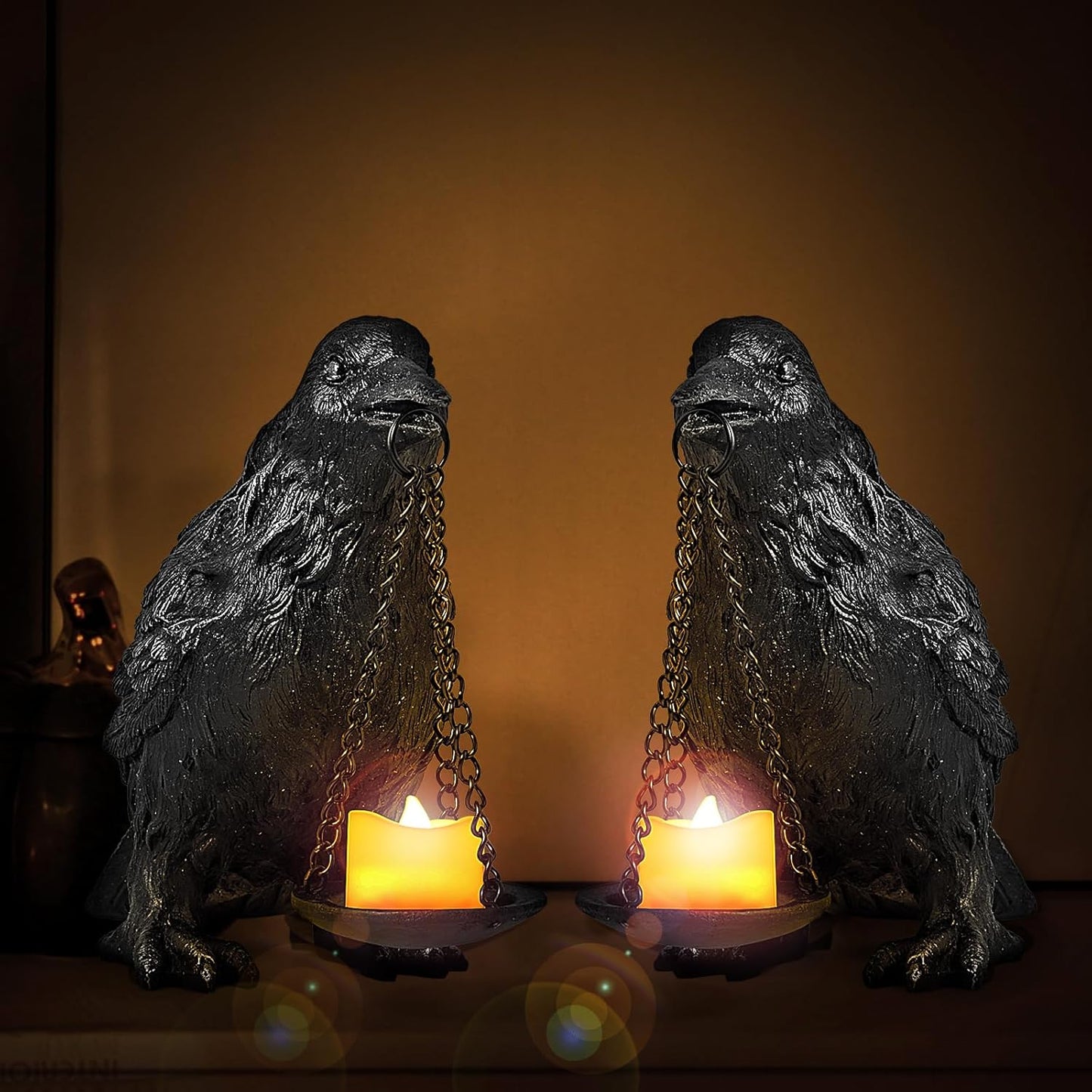 Raven Gothic Home Decor Fake Crow Light Holder Raven Lamp Tealight Candle Holder Resin Raven Statue Wearing Silver 2PCS