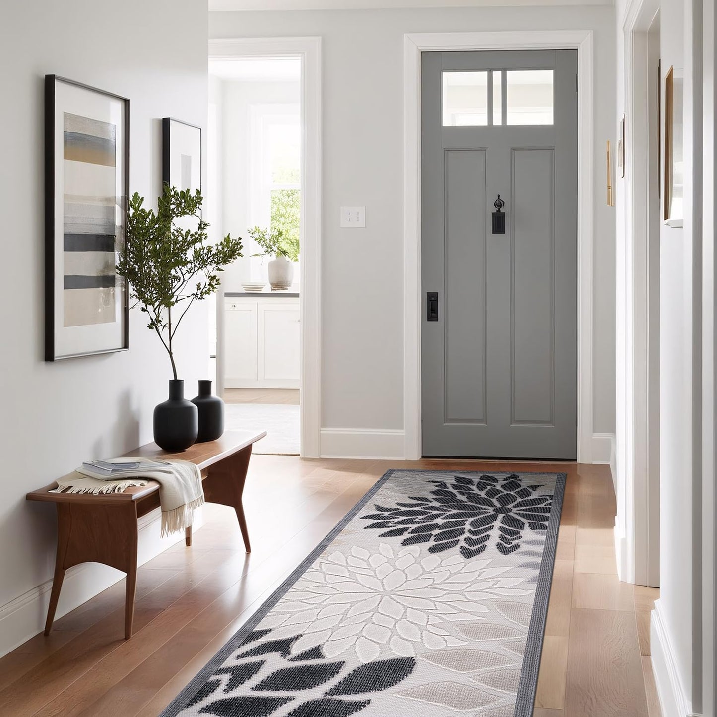 Beverly Rug Outdoor Runner Rug 2x7 Modern Floral Tropical Area Rugs for Indoor and Outdoor Patio Easy to Clean Non Shedding Living Room Porch Garden Washable Outside Carpet (2 x 7 Beige)