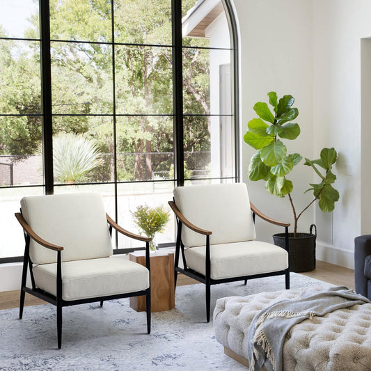 Modern Accent Chairs Set of 2 for Living Room Bedroom Mid Century Arm Chairs Upholstered Office Accent Chairs Comfy Waiting Room Chairs with Metal Frame, Cream White