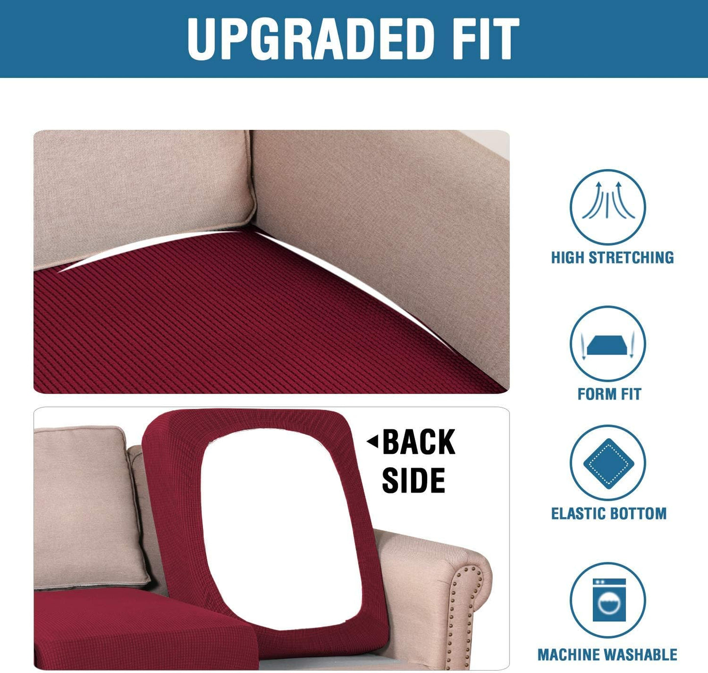 H.VERSAILTEX Super Stretch Individual Seat Cushion Covers Sofa Covers Couch Cushion Covers Slipcover Sets Thick Jacquard Textured Twill Fabric (2 Piece Large Sofa Cushion Covers, Burgundy Red)
