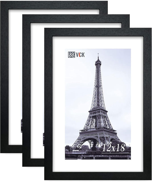 VCK 12x18 Inch Solid Wood Poster Frames with Wall Mounting Hanging Picture Frame Set of 3 Black