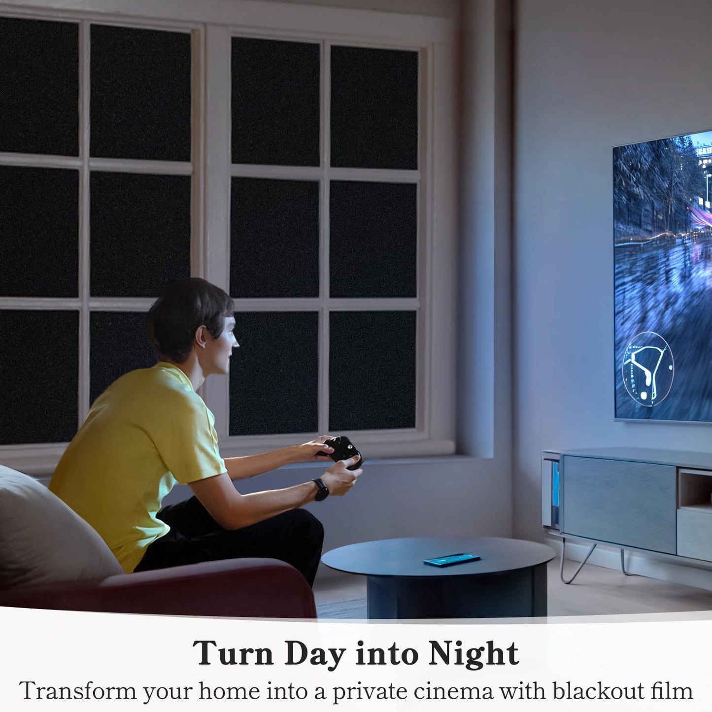 DUOFIRE Blackout Window Film Completely Light Blocking Privacy Window Film Room Darkening Frosted Tint Films for Day Sleep, Non Adhesive Static Cling Films DT-C009 (17.4 x 118 Inch)