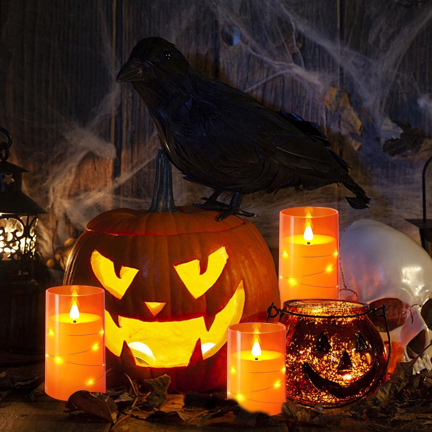 NURADA Flameless Candles with Remote Timers: Built-in Star String Lights 3D Wick Battery Operated Flickering LED Electric Candles for Halloween Thanksgiving Dinner Tables Fall Home Decor Orange 3 Pack