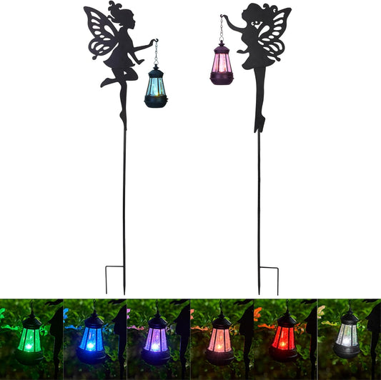Fairy Garden Accessories Lawn Ornaments 1 Pair - Solar Lights Halloween Decorations Outdoor Garden Statue, Metal Stakes Decorative Figurines for Yard Decor, Patio (Type A Color-Shifting Lighting)