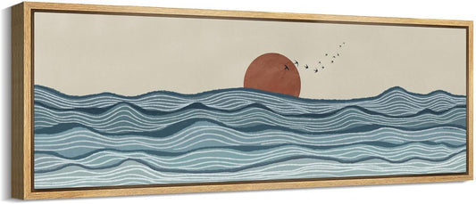 MUDECOR Large Framed Canvas Print Wall Art Calm Seascape Ocean Waves and Setting Sun Illustrations Antique Retro Fine Art Illustrations Decorative Colorful for Bedroom - 60"x20"