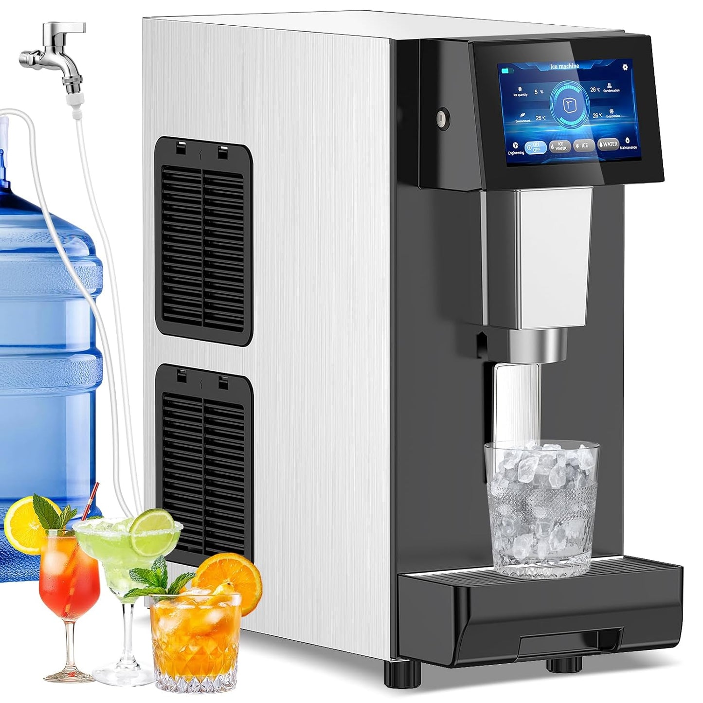 Nugget Ice Maker Countertop, 60LBS/Day with 5LBS Storage Bin, Water Dispenser Countertop Ice Maker Machine Stainless Steel, Soft Chewable Pellet Ice Machine for Home Bar Kitchen Office, Self-Cleaning