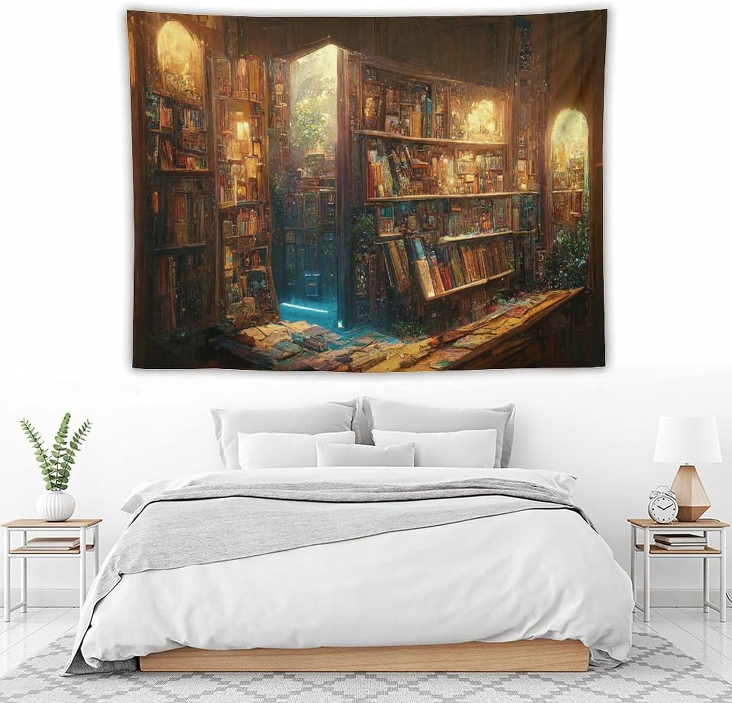 Kurtect Bookshelf Tapestry,Vintage Style Library Watercolor Art Theme Pattern Print Tapestries for Party Beach Picnic Blankets Tablecloths Living Room Wall Deocr, 60x80 in