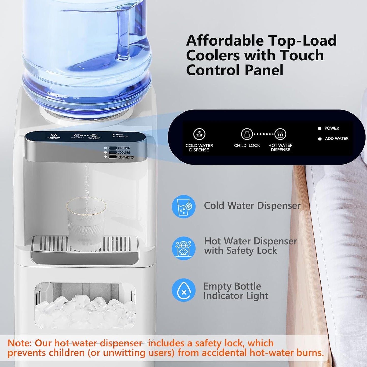 Water Dispenser with Ice Maker Function, Top Loading Hot and Cold Water Cooler for 5 Gallon Bottle - Includes Child Safety Lock - Water Machine for Home, Office, Garage - White