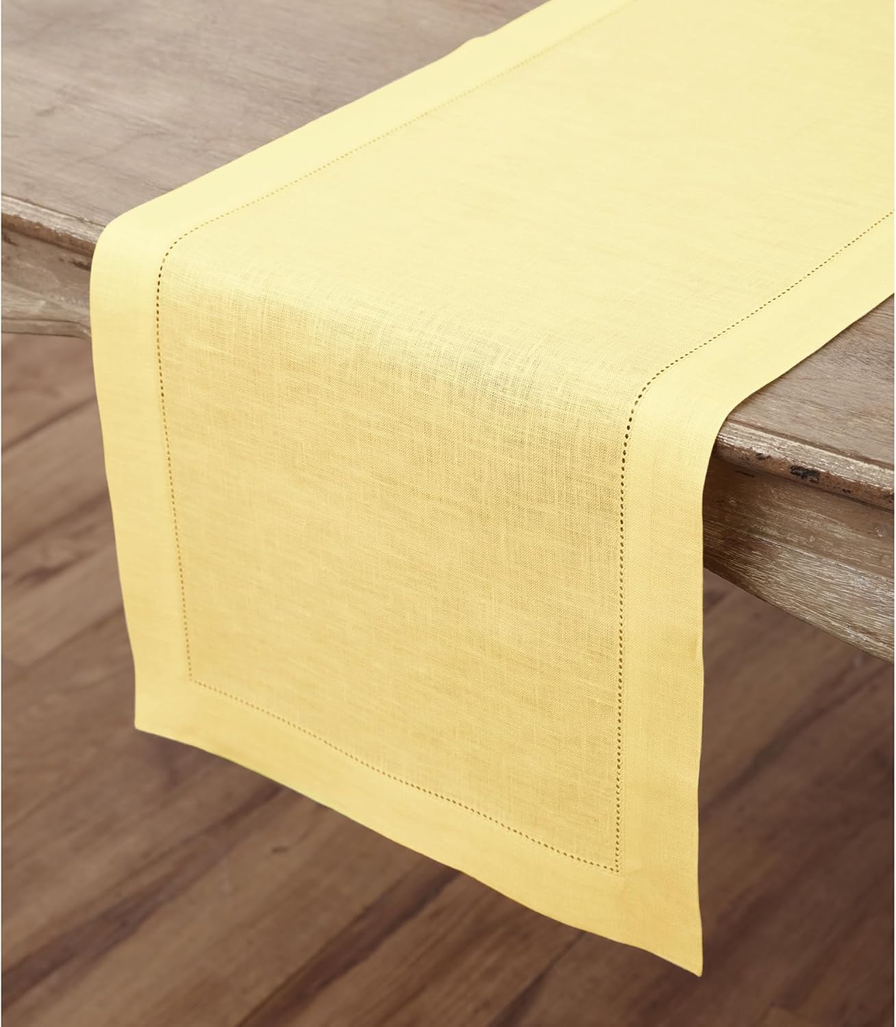 Solino Home Linen Yellow Table Runner 48 Inches - Classic Hemstitch, 100% Pure Linen Coffee Table Runner 14 x 48 Inch Ideal for Dresser Tables