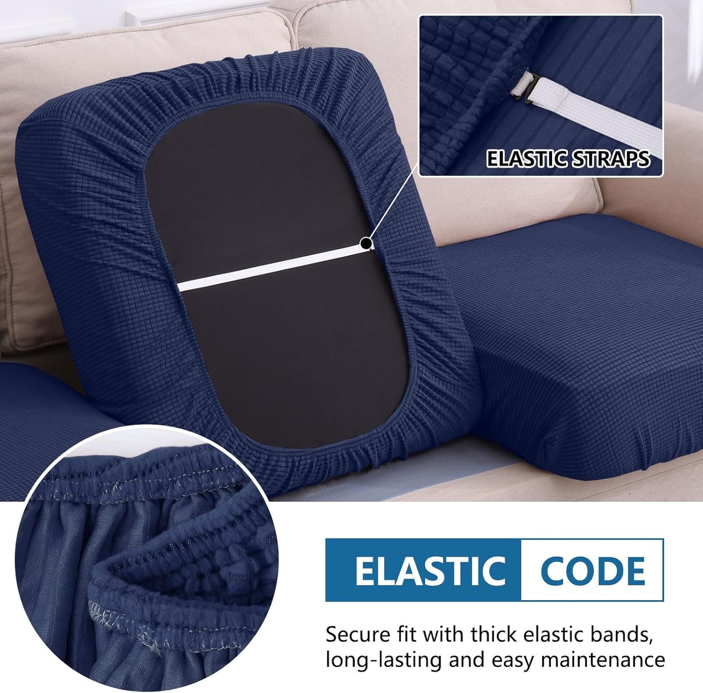 hyha Waterproof Couch Cushion Covers for Pets, Non Slip Sofa Seat Cover for Dogs Washable, Soft Thick Stretch Jacquard Fabric, Sofa Slipcovers with Elastic Bottom (1 Piece for Medium, Navy)