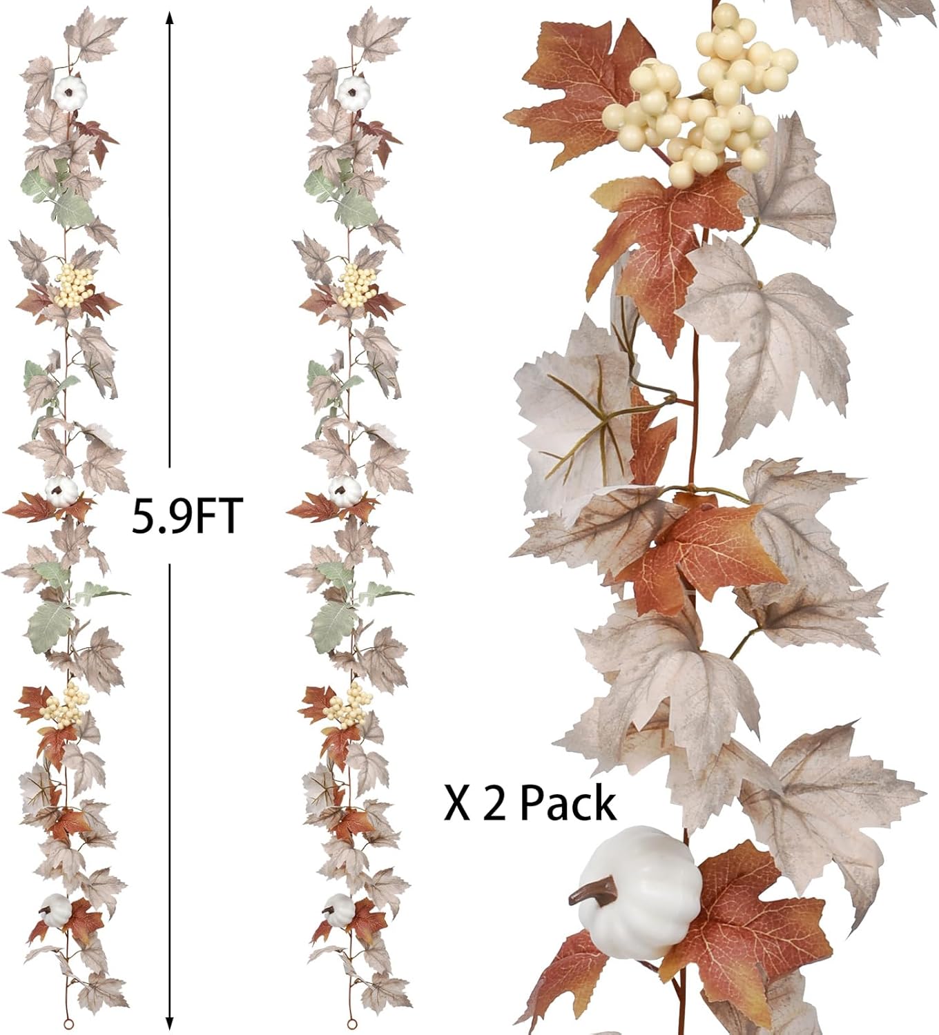 Lvydec 2 Pack Fall Maple Garland - 5.9ft/Piece Artificial Fall Foliage Garland Colorful Autumn Decor for Home Wedding Party (White&Green)