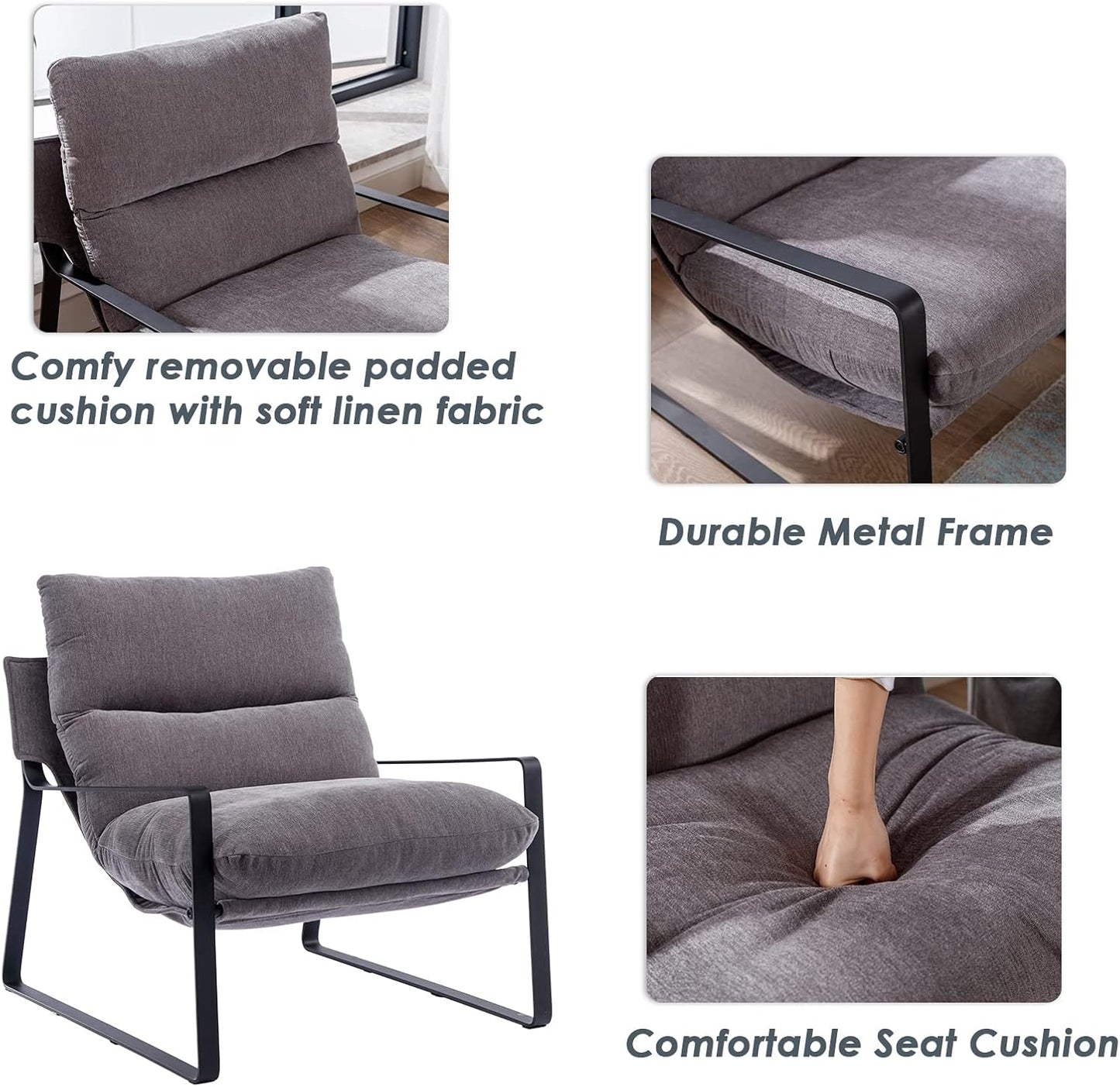 DUOMAY Modern Accent Arm Chair, Comfy Linen Lounge Lazy Chair with Metal Leg, Mid-Century Corner Chair for Living Room Bedroom Office Apartment, Grey