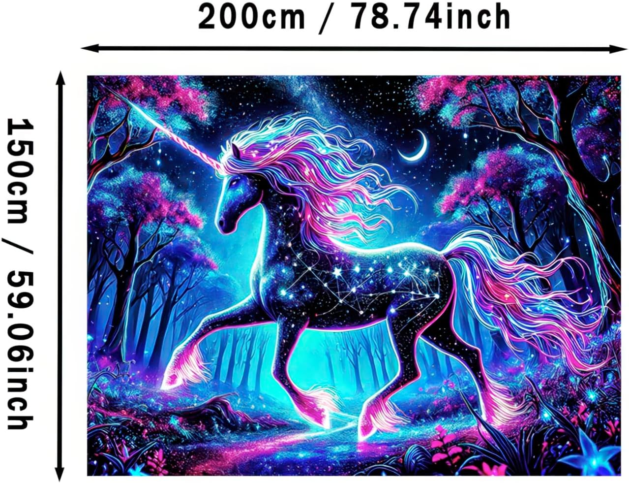 BlissYard Blacklight Unicorn Tapestry UV Reactive Forest Landscape Tapestries Wall Hanging Decor Neon Wolf Wall Tapestry Mysterious Poster Blanket Tapestry for Room Bedroom Dorm Party