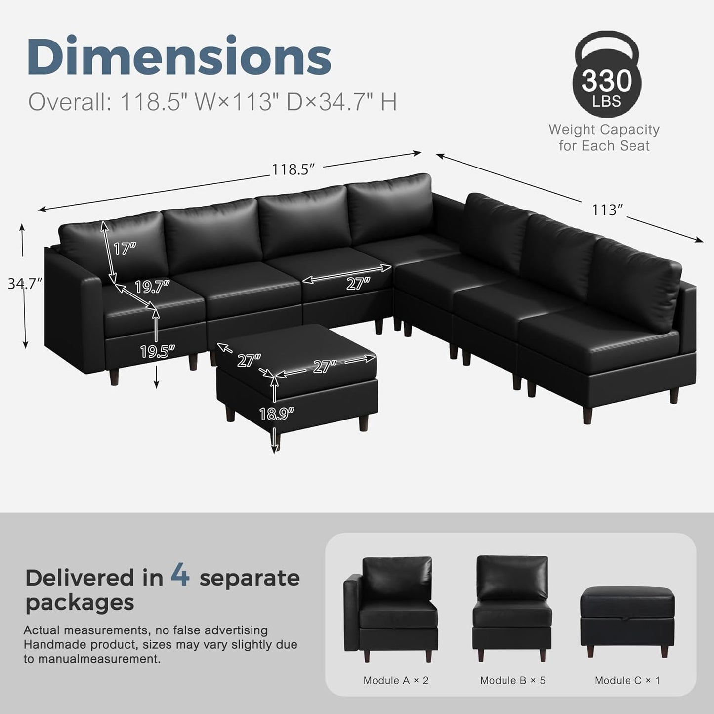 ABCASA 118.5" Faux Leather Modular Sectional Convertible Sofa, L Shaped Couch Set for Living Room, Large 8-Seater Comfy Cloud Couches with Movable Storage Ottoman DIY Combination - Black